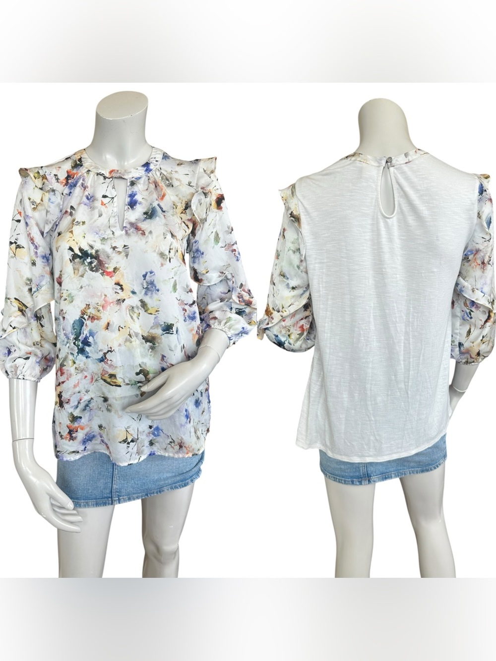 Anthropologie Dolan Cream Floral Ruffle High Keyhole Neck Blouse Size XS